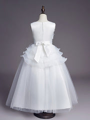 White Long A-line Tull Lace Sleeveless Jewel Neck Flower Girl Dresses