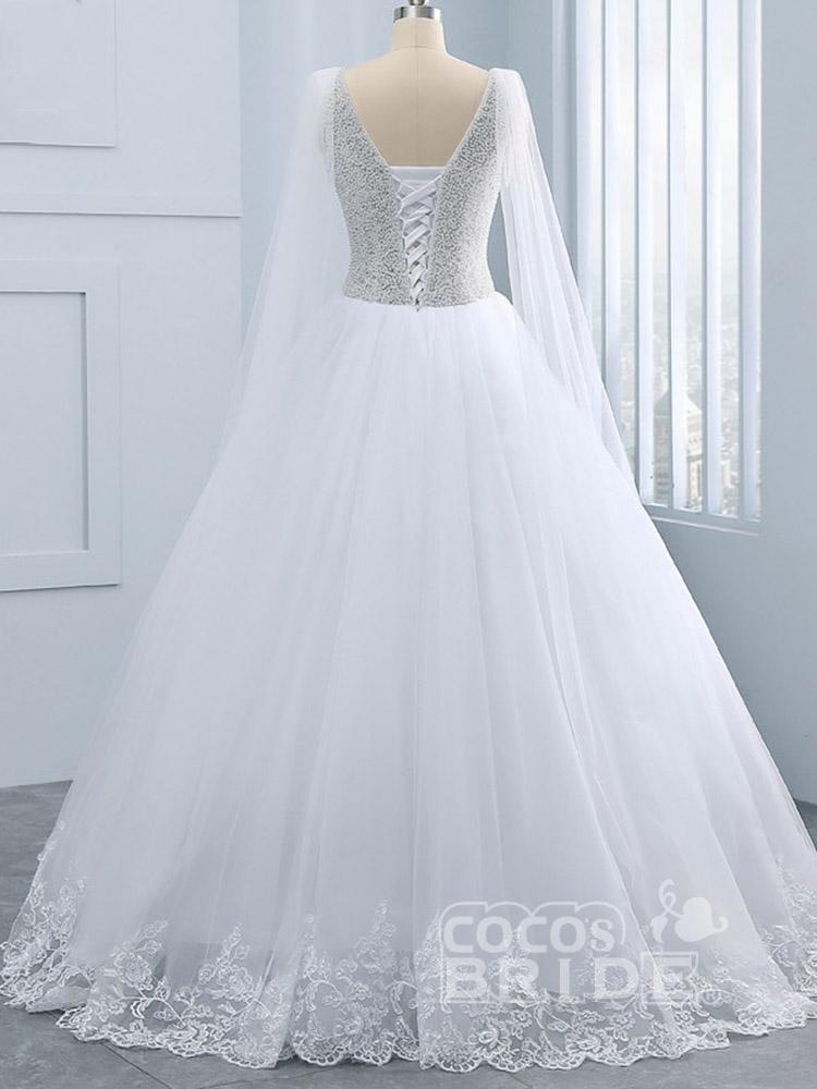 Beautiful Long A-line V-neck Tulle Beads Wedding Dresses with Sleeves