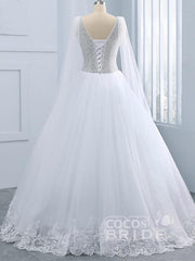 Beautiful Long A-line V-neck Tulle Beads Wedding Dresses with Sleeves