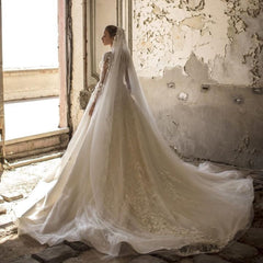 Elegant Deep V-neck Long Sleeve Appliques Lace Ruffles Tulle A-Line Floor Length Wedding Dress