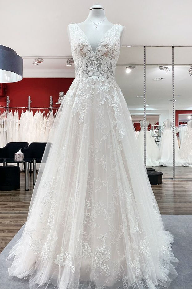 Modest Long A-line Deep V-neck Open Back Tulle Wedding Dress with Appliques Lace