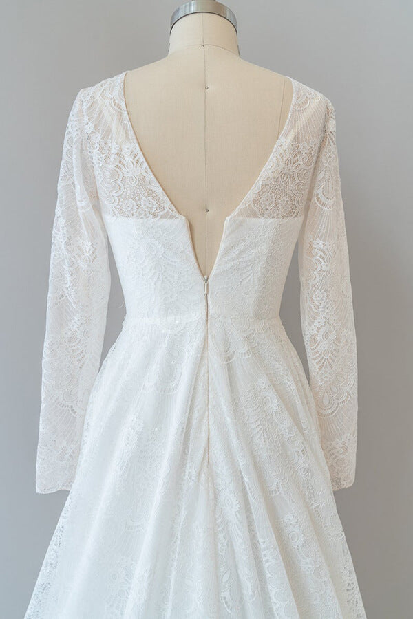 Long Tulle Illusion Long Sleeves Lace Backless A-line Wedding Dress