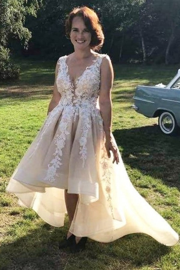 Elegant A-Line V-neck Open Back Appliques Lace High Low Ruffles Tulle Wedding Dress