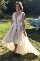 Elegant A-Line V-neck Open Back Appliques Lace High Low Ruffles Tulle Wedding Dress