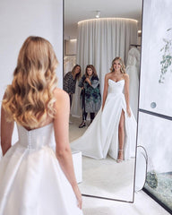 Long Sweetheart Satin A-Line Floor Length Ruffles Wedding Dress With Side Slit