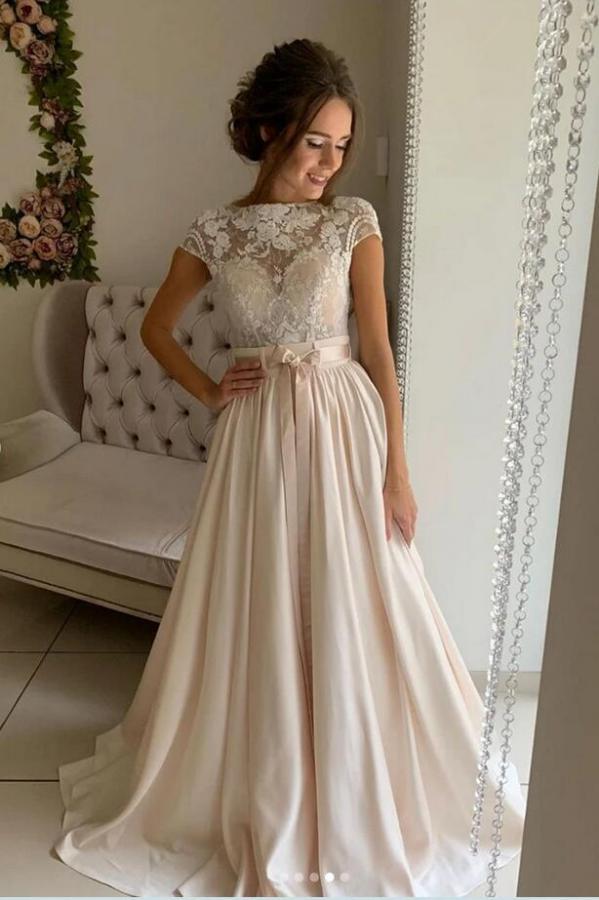 Simple Long A-line Jewel Stretch Satin Lace Wedding Dresses