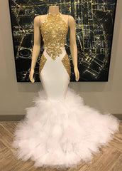 Long Sleeveless Golden Appliques Tulle Mermaid Prom Dresses