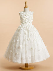 Long A-line Tulle Lace Flower Girl Dresses White First Communion Dress