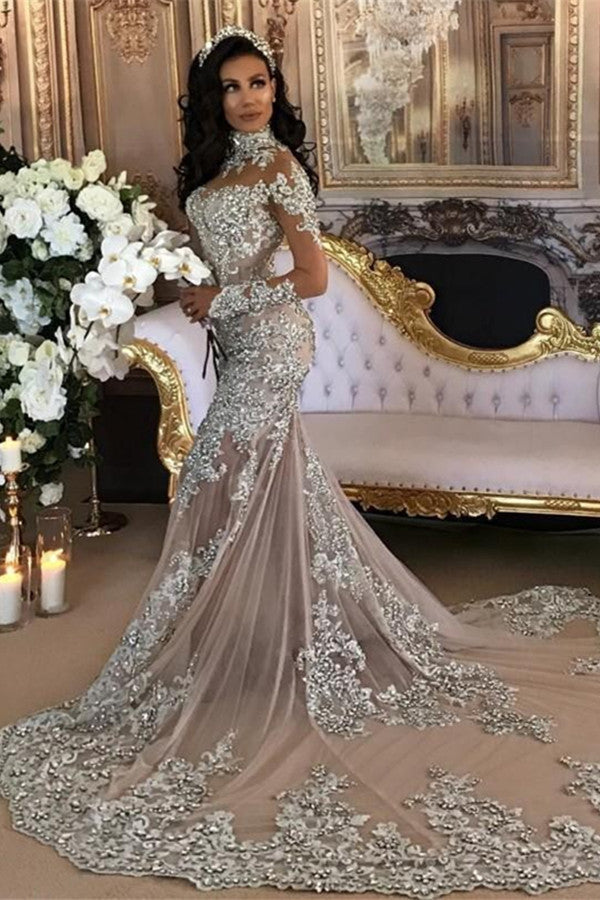 High Neck Long Sleeve Silver Lace Mermaid Luxury Long Wedding Dresses