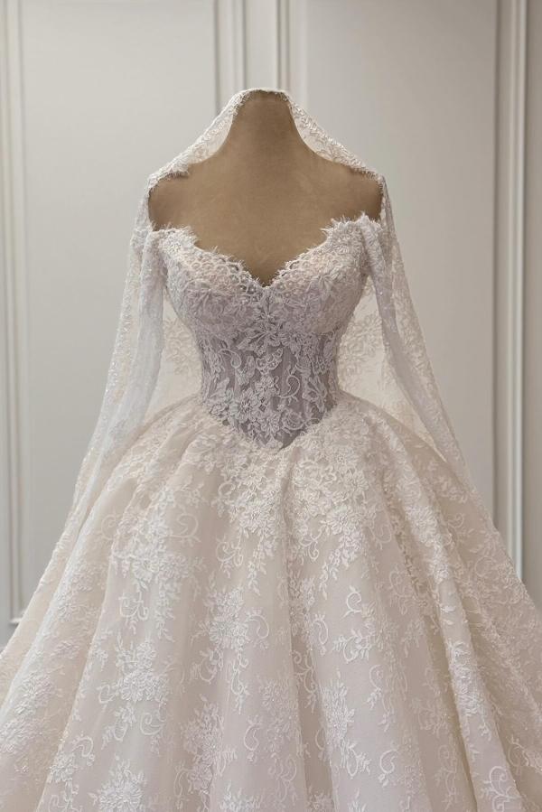 V-Neck Long A-Line White Lace Wedding Dresses Tulle With Ruffles