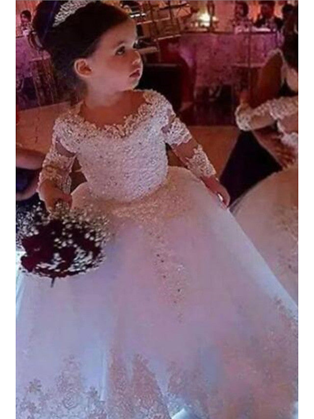 Long Ball Gown Tulle Lace Jewel Neck Floer Girl Dresses with Sleeve
