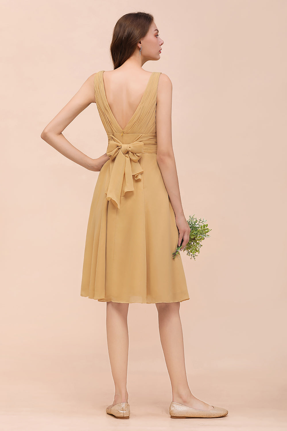 Short A-line V-neck Gold Chiffon Bridesmaid Dress with Bow