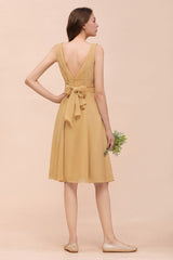 Short A-line V-neck Gold Chiffon Bridesmaid Dress with Bow