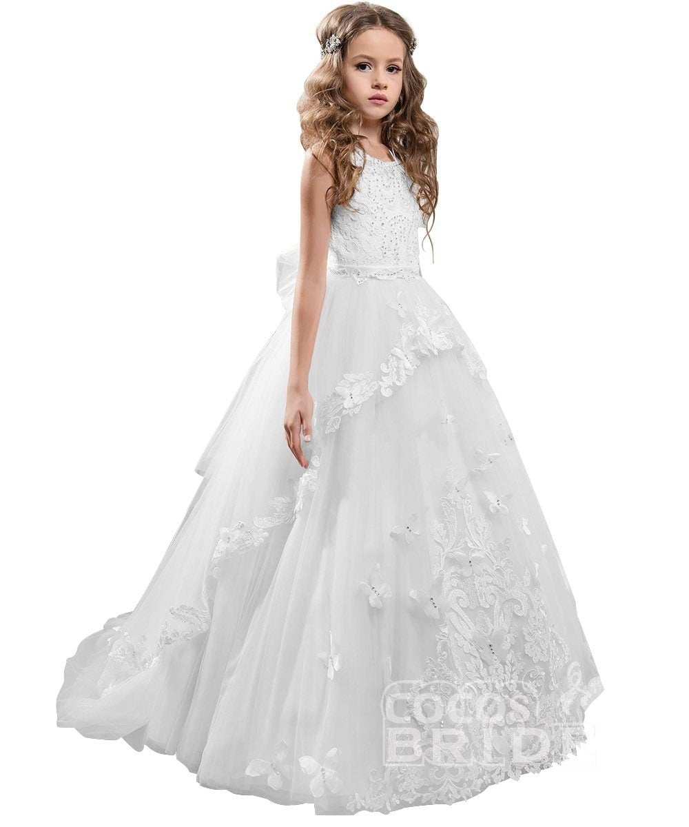 Long Tulle Lace Scoop Neck Sleeveless Ball Gown Flower Girl Dress