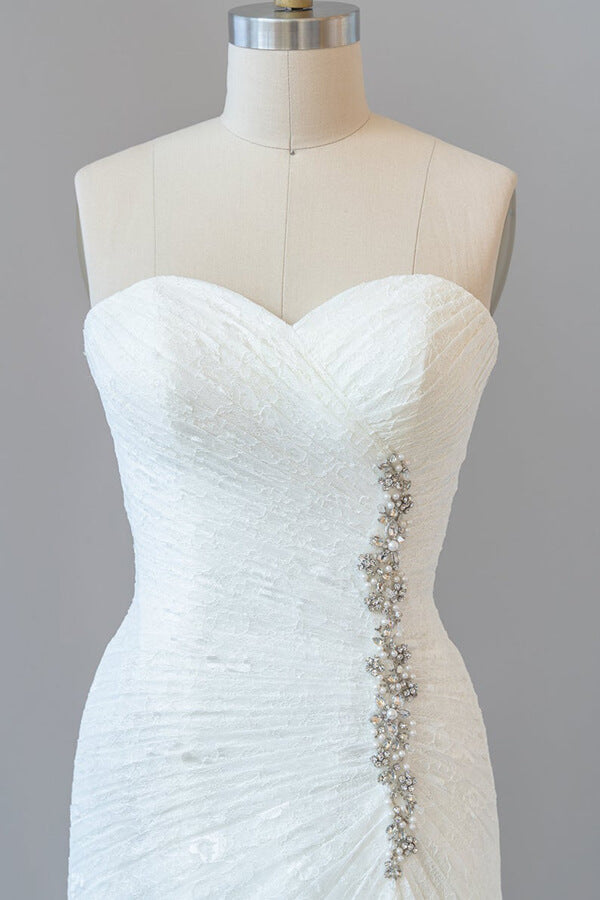 Chic Long Mermaid Strapless Ruffle Lace Wedding Dress