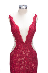 Mermaid Front Split Sleeveless V-neck Lace Appliques Long Prom Dresses