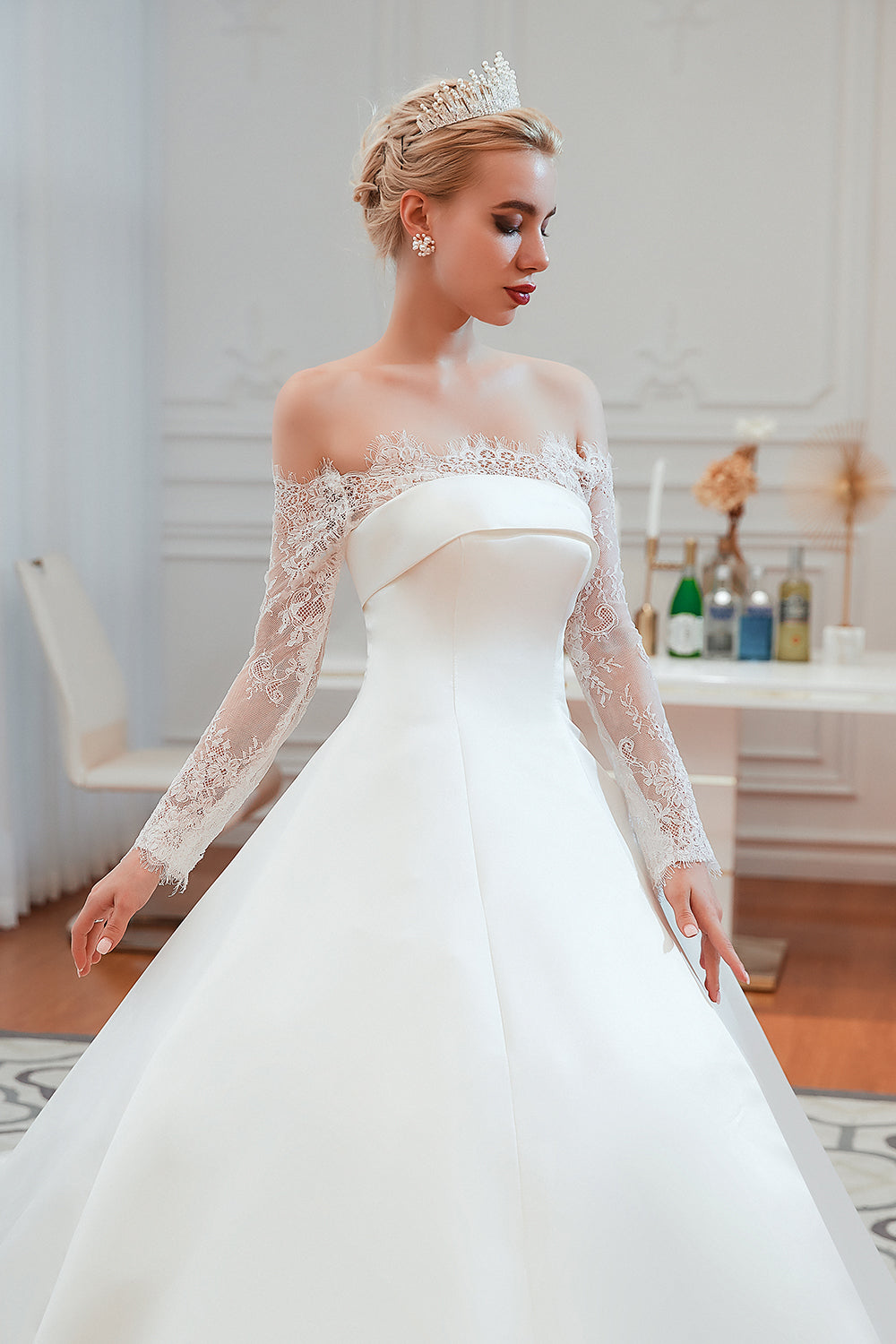 Stunning Off the Shoulder Long Sleeve A-Line Satin Church Wedding Dress