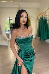 Mermaid Long Satin Split Front Sweetheart Prom Dress with Ruffles