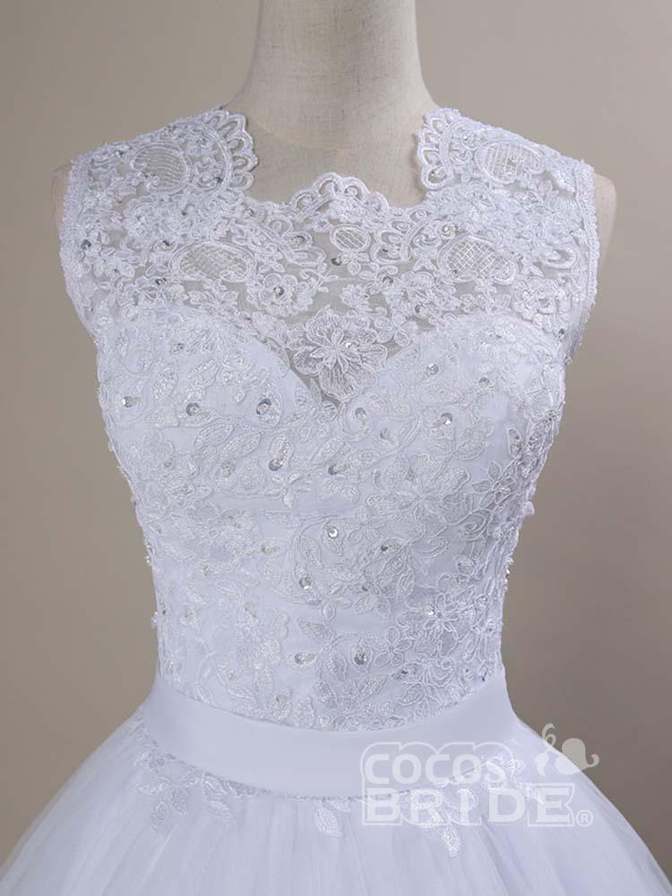 Modest White Long Lace Covered Button Ball Gown Wedding Dresses