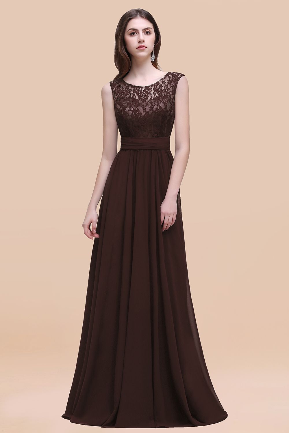 Elegant A-line Chiffon Lace Scoop Sleeveless Floor Length Bridesmaid Dress