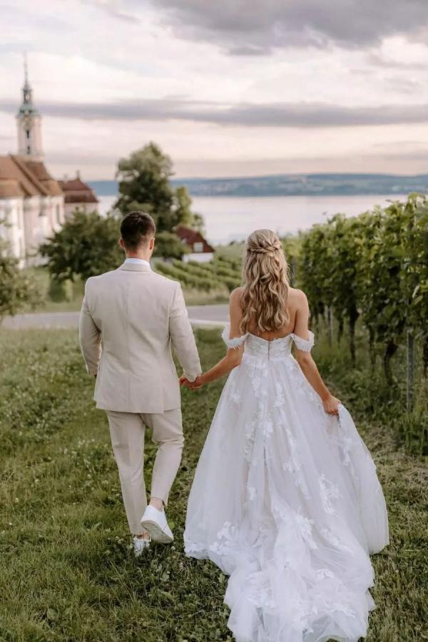 Elegant Long A-line Off the Shoulder Tulle Floral Lace Wedding Dress