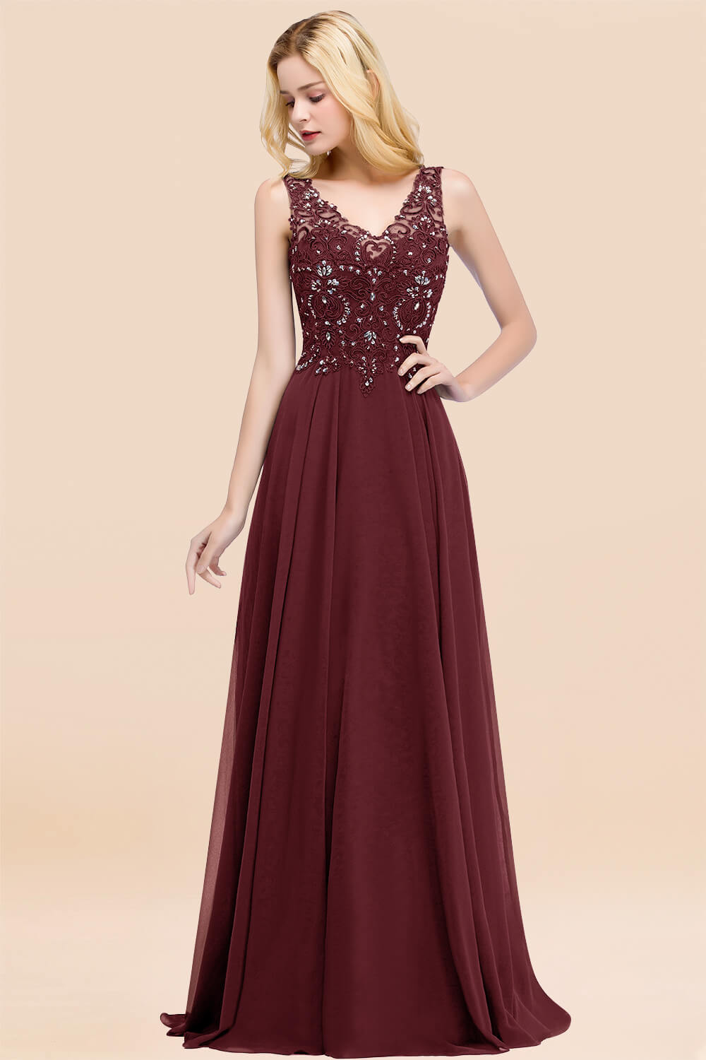 A-line Chiffon Appliques V-neck Sleeveless Floor Length Bridesmaid Dresses with Crystals