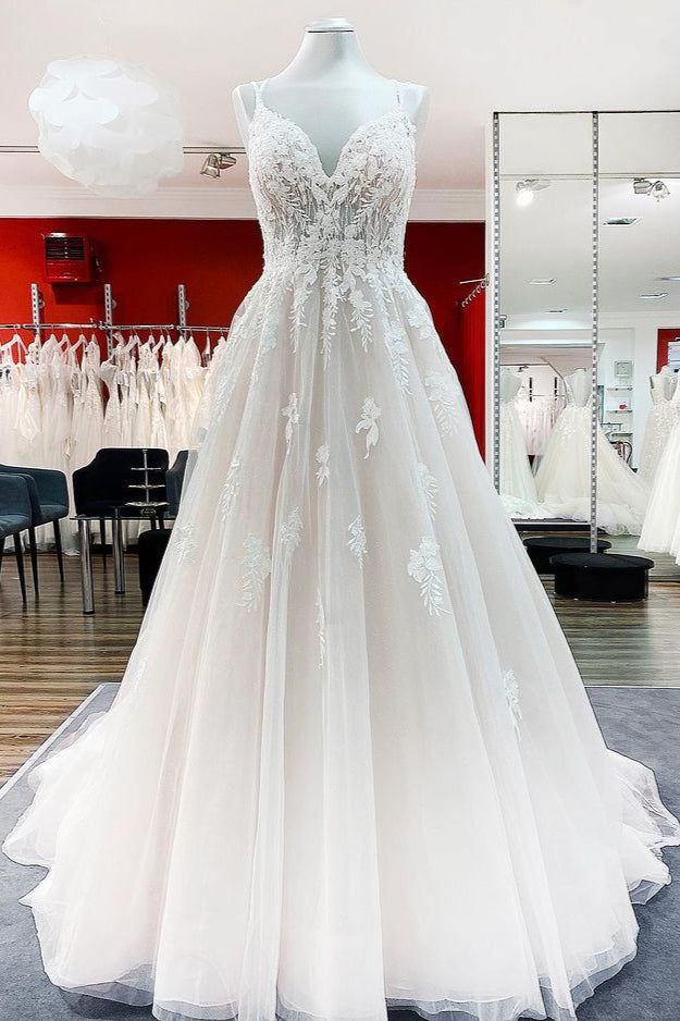 Modest Long A-line V-neck Tulle Spaghetti Straps Ruffles Wedding Dress with Lace