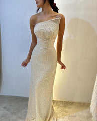 Simple Champagne Strapless Floor Length Mermaid Prom Dress