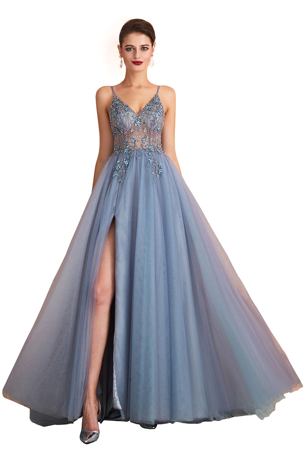 Long V-neck Tulle Beaded A-line Prom Dress with Slit
