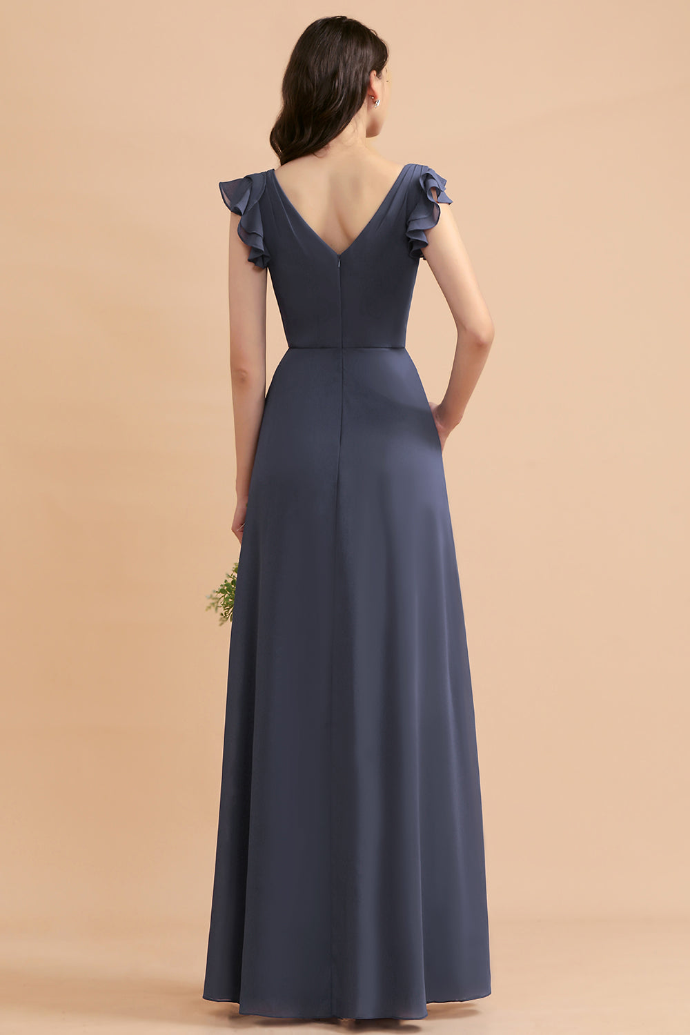 Ruffles A-Line V-neck Chiffon Party Dress Floor Length Bridesmaid Dress