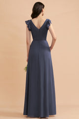 Ruffles A-Line V-neck Chiffon Party Dress Floor Length Bridesmaid Dress