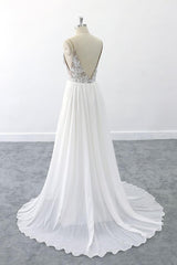 Elegant Long V-neck Lace Chiffon A-line Open Back Wedding Dress