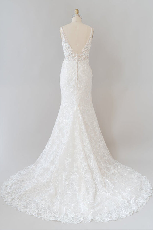 Elegant Long Mermaid Appliques Lace V-neck Chiffon Wedding Dress