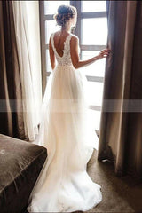 Long Straps V-neck Lace Appliques A-line Backless Wedding Dresses