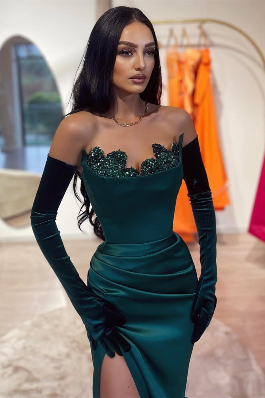 Long Strapless Mermaid Satin Beaded Prom Dress with Gloves