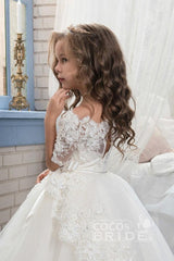 White Long Off The Shoulder Ball Gown Flower Girl Dress with Sleeves