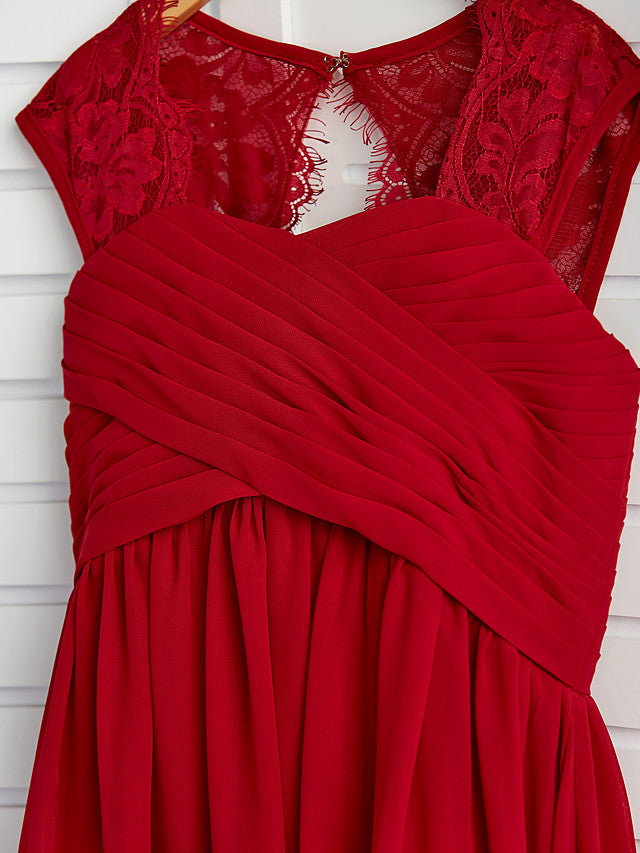Red Long A-line Chiffon Floor Length Junior Bridesmaid Dress with Lace