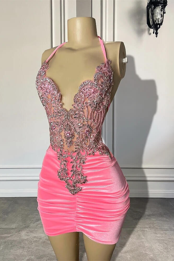 Short Halter V-Neck Mermaid Appliques Beaded Velvet Party Dress