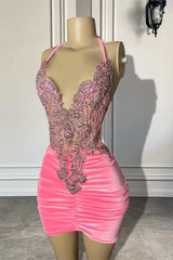 Short Halter V-Neck Mermaid Appliques Beaded Velvet Party Dress