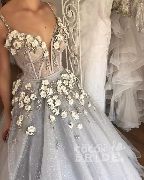 Sexy Long Straps Ball Gown Appliqued Deep V-neck Wedding Dress