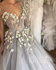 Sexy Long Straps Ball Gown Appliqued Deep V-neck Wedding Dress