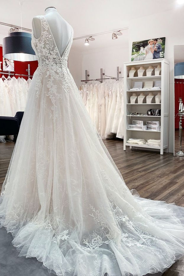 Modest Long A-line Deep V-neck Open Back Tulle Wedding Dress with Appliques Lace