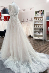 Modest Long A-line Deep V-neck Open Back Tulle Wedding Dress with Appliques Lace