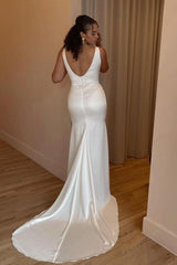 Long Mermaid Square Neck Sleeveless Satin Backless Wedding Dresses with Slit