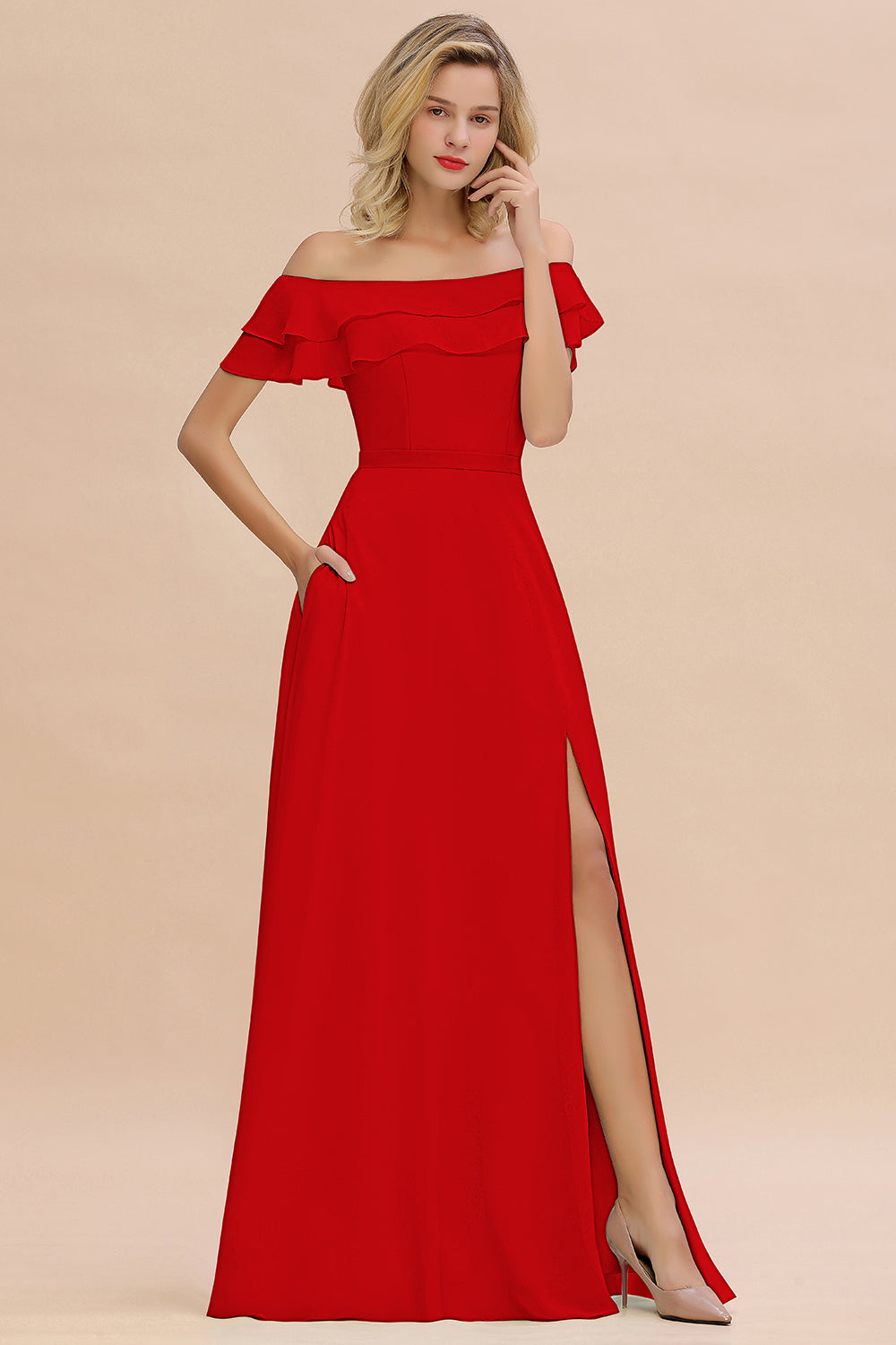 Off the Shoulder Front Slit Mint Green Long Bridesmaid Dress