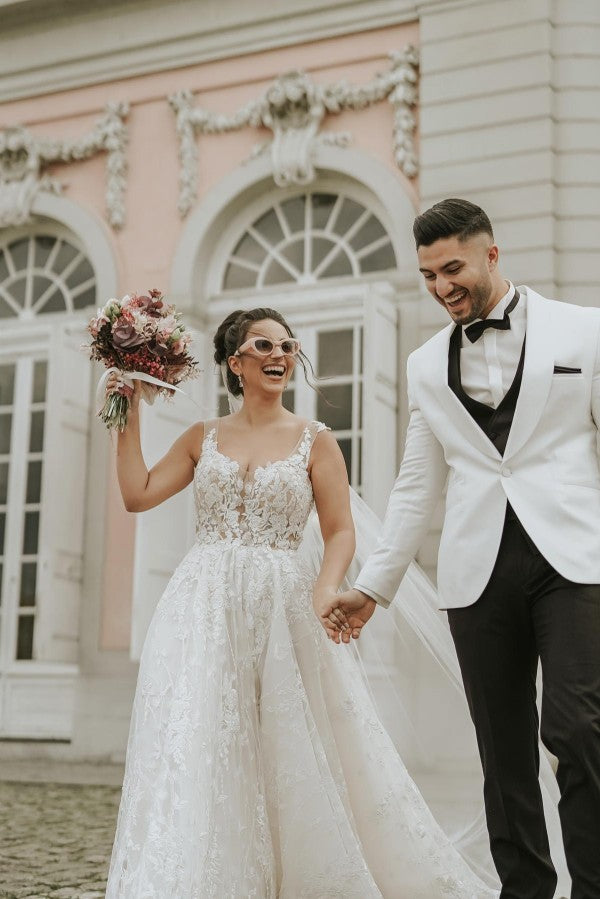 Simple Long A-line Sweetheart Lace Tulle Backless Wedding Dresses