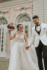 Simple Long A-line Sweetheart Lace Tulle Backless Wedding Dresses