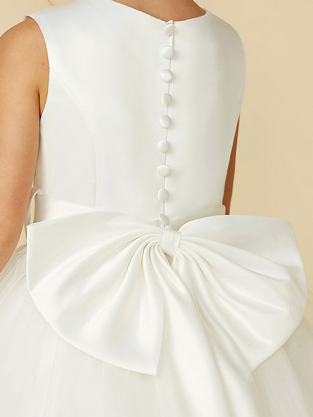 Long A-line Tulle Sleeveless Jewel Neck Satin First Communion Flower Girl Dresses
