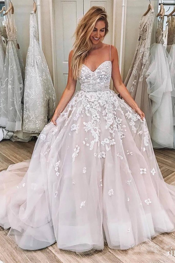 A-line Spaghetti Strap Sleeveless Lace Applique Long Wedding Dress