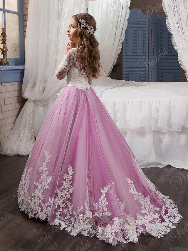 Long Ball Gown Boho Tulle Lace Flower Girl Dresses with Sleeves